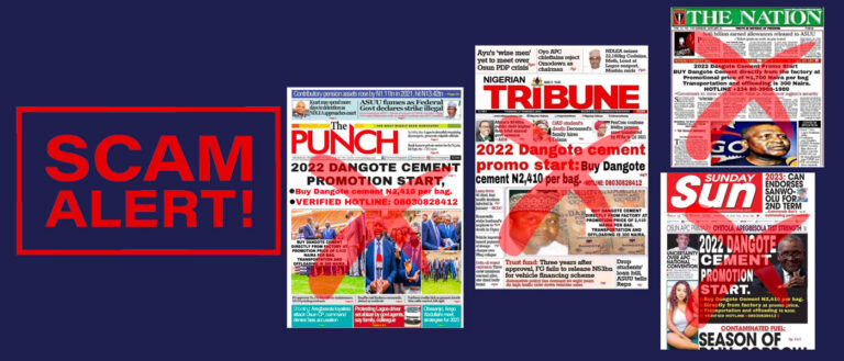 IT’S A SCAM!!! DANGOTE GROUP CAUTIONS PUBLIC ON FAKE CEMENT PROMO ADVERTS IN CIRCULATION!